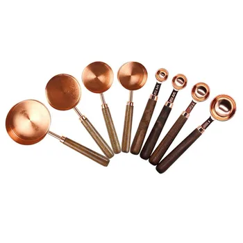 

Realand Rose Gold 4/8pcs Copper Stainless Steel Measuring Cups and Spoons with Wood Handle for Liquid and Dry Ingredients