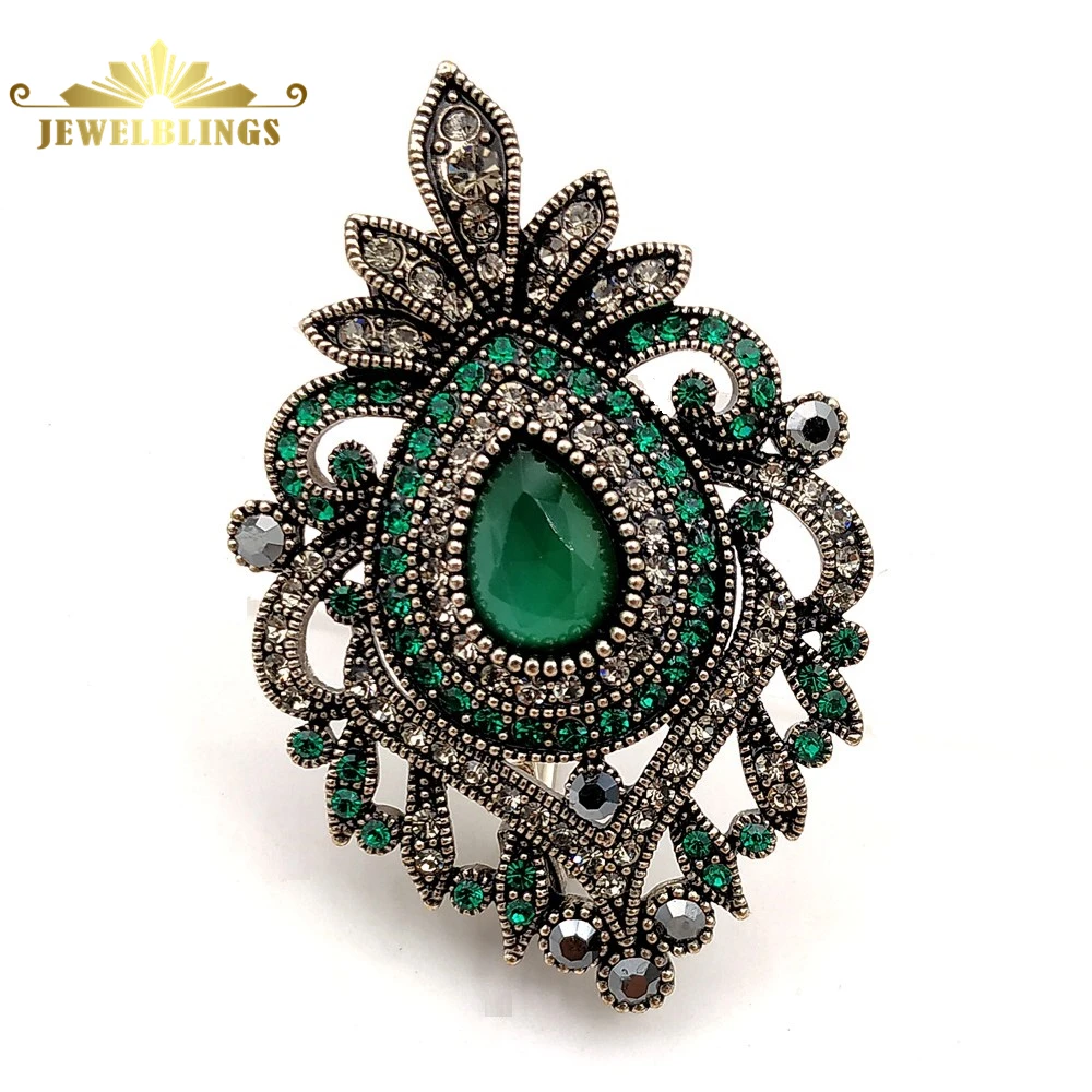 

Bohemian Vintage Micro Pave Crystal Dark Green Teardrop Brooch Silver Tone Opens Floral Cluster Pear Shaped Pin Broach for Women