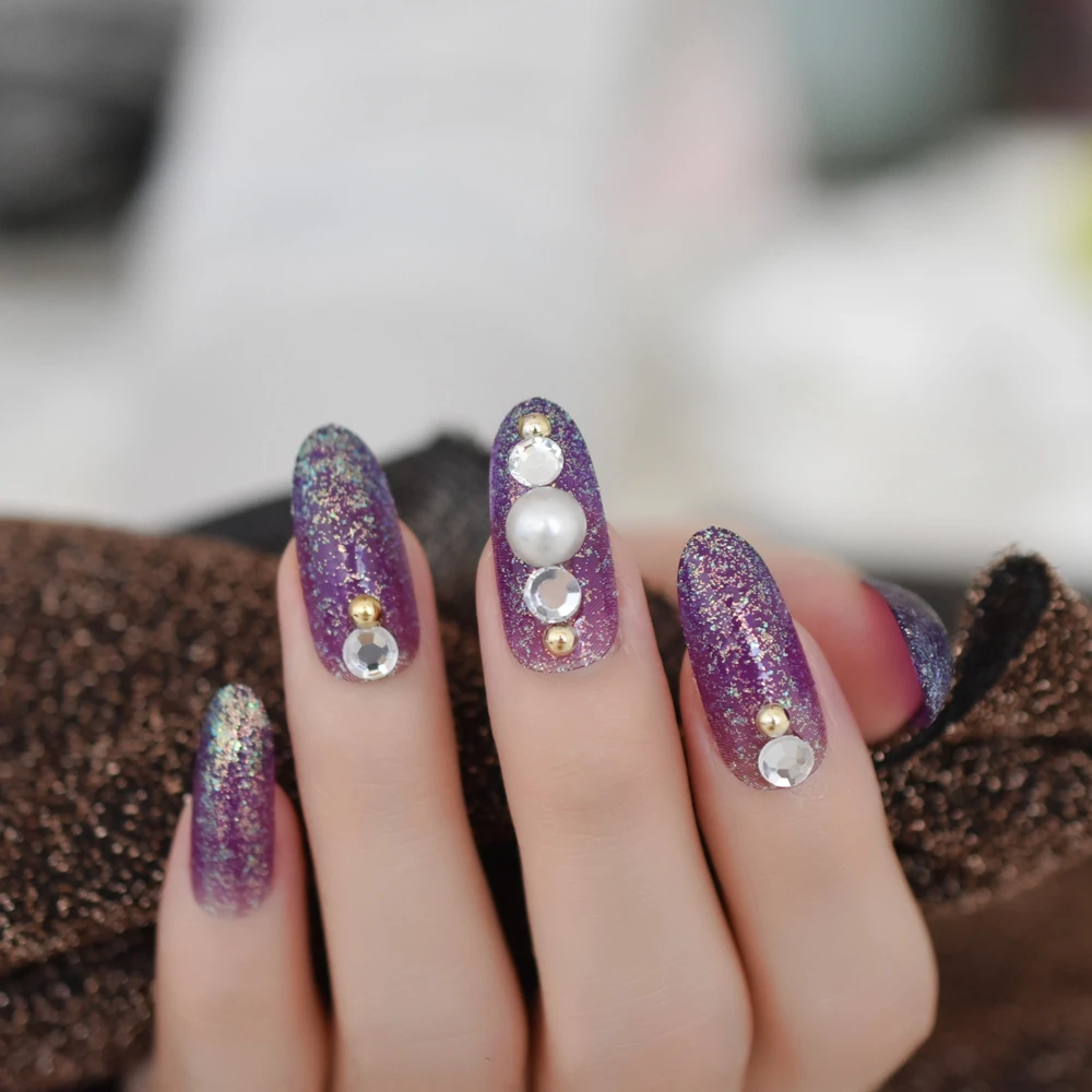 

Long Oval Glitter Fake Nails Charming Purple Large Stones Decorated Press on Nails for Finger Pre-designed with Adhesive Tabs