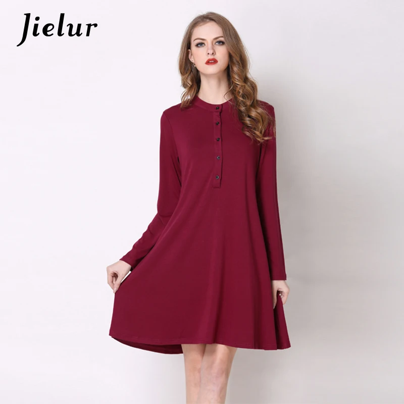 

Jielur Autumn Plus Size Solid Color Dresses for Women Loose Casual Pleated Black Dress Female Buttons Long Sleeve Lady Vestidos