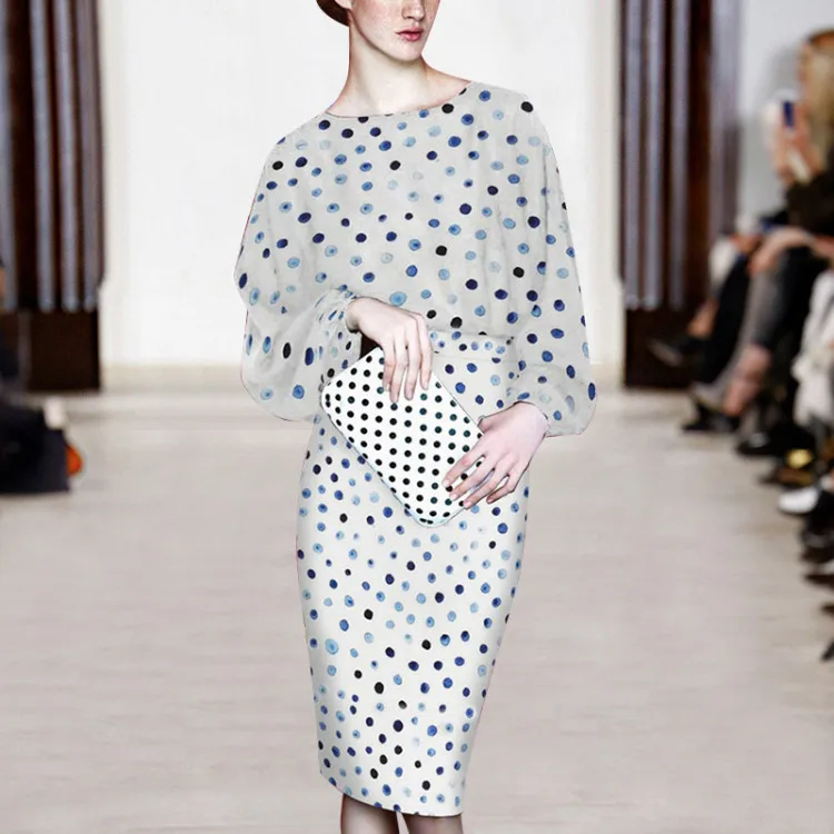 

2019 Spring Foreign Trade Women Fashion Round Neck Wave Point Loose Long-sleeved Blouse + Wrap Buttock Skirt Suit Woman