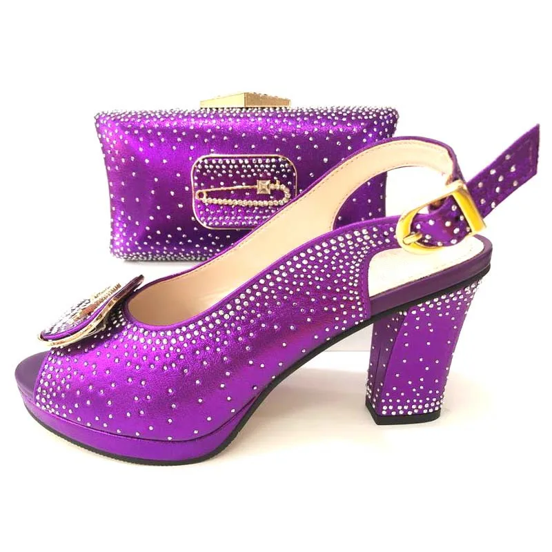 

Purple Color Women Italian African Party Pumps Shoes and Bag Set Decorated with Rhinestone African Women Wedding Shoes and Bag
