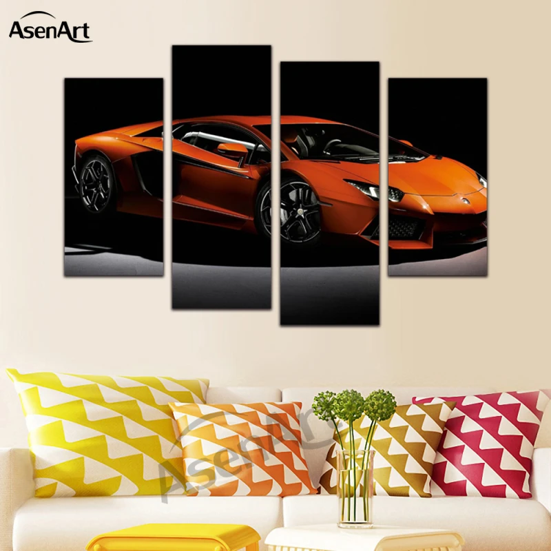 4 Panel Canvas Art Orange Sports Car Painting Home Decoration Living