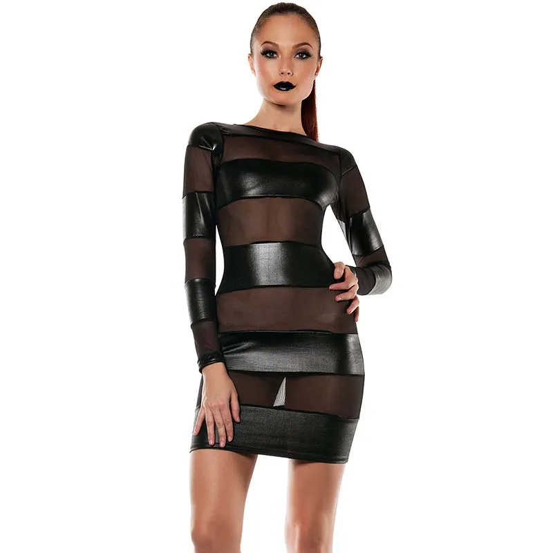 

Mesh Patchwork Erotic Women Vinyl Black Sexy Night Club Dress Leather Bodycon Long Sleeve Party Dress