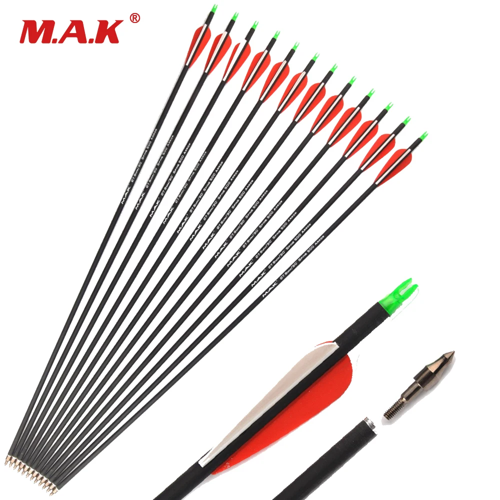 

28/30 Inches 6/12/24pcs Carbon Arrow Length Spine 500 with Replaceable Arrowhead for Compound/Recurve Bow Archery Hunting