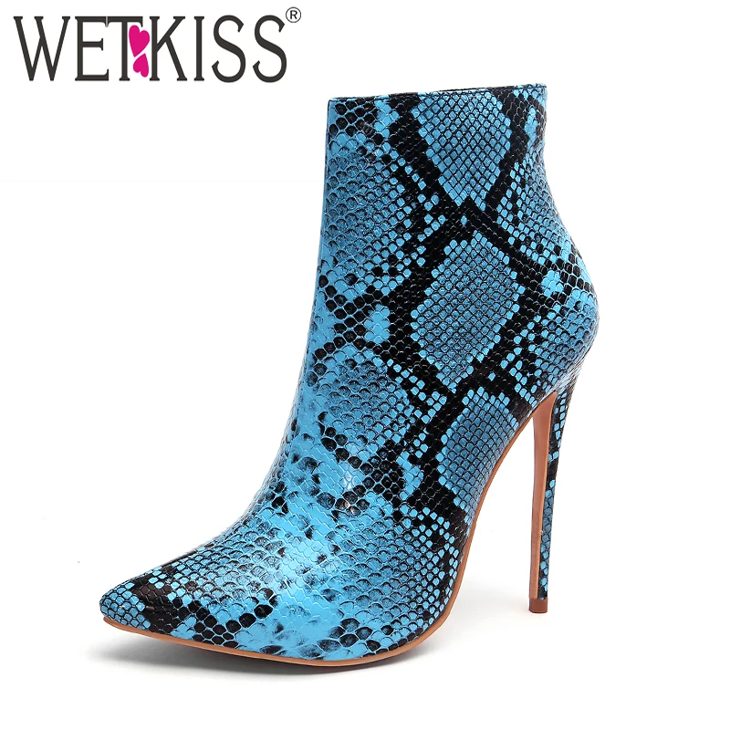 

WETKISS High Heels Women Ankle Boots Pointed Toe Zip Footwear Party Female Boot Fashion Snake Print Shoes Woman 2018 New Winter