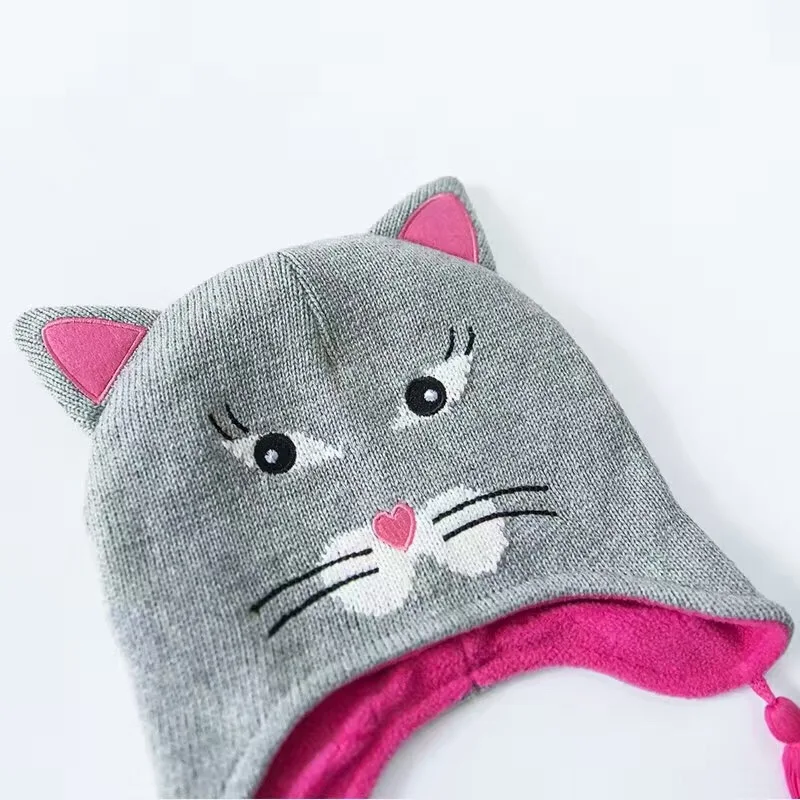 Ash Baby Cat Hat Хлопок Вышивка крючком Детские шапочки Дети Осень-Зима теплые детские Кепки ручной работы трикотажный ветрозащитный Наушники для женщин кепки