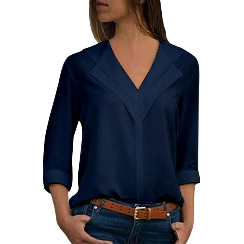 LAAMEI Новая женская блузка с длинным рукавом, Повседневная Уличная однотонная Повседневная блуза с v-образным вырезом, шифоновая блузка, женские топы - Цвет: Тёмно-синий