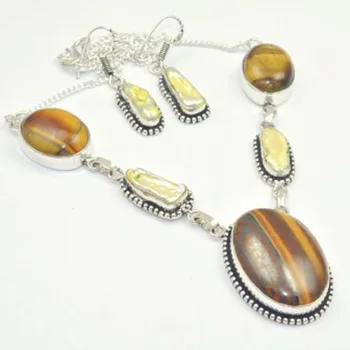 

Tiger Eye & Biwa Pearls Necklace + Earing Silver Overlay over Copper, 49.5cm , N3195