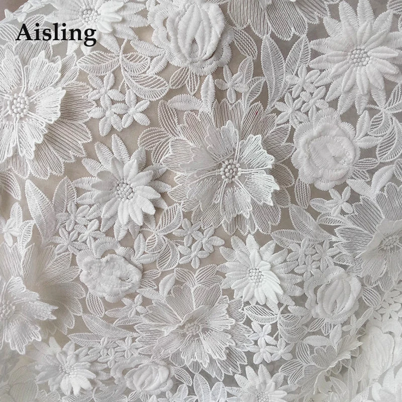 High Quality 3D Milk Silk Fabric Off White Lace Fabric French Flower