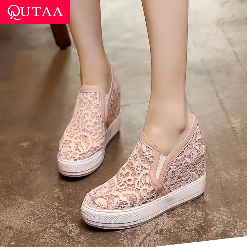 

QUTAA 2020 Women Shoes Wedges High Heel Mesh Gauze Breathable Platform Round Toe Height Increasing Ladies Single Shoes Size34-43