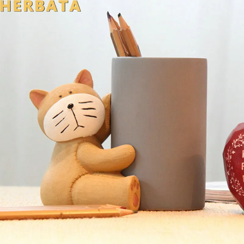 

Lovely Cat With Pen Holder Articles Resin Crafts Decoration Ornament Gift Pencil Holder Resin Craft For Children CL-2518