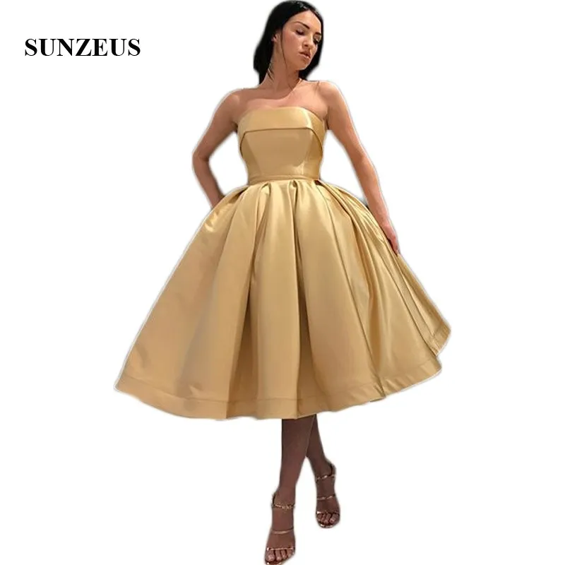 

Strapless Light Gold Prom Dresses Short Puffy Ball Gown Girls Party Dresses Knee Length Homecoming Dresses galajurken SP06