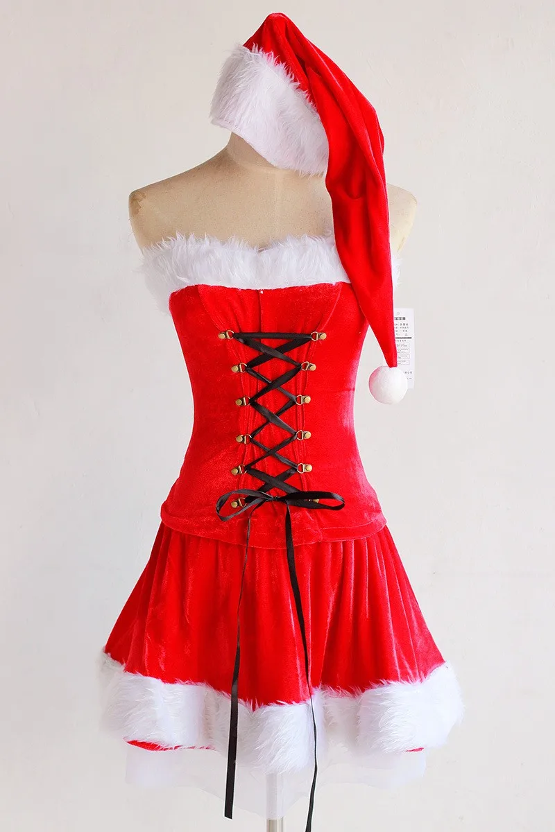 Сексуальная Шляпа платье комплект затягивающийся шнурок Косплей сценическая Рождественская одежда женское платье костюм платье с открытой спиной Vestido Femme
