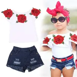 Детские футболки для девочек, шорты с открытыми плечами, джинсовые штаны, милый модный летний комплект, AN88