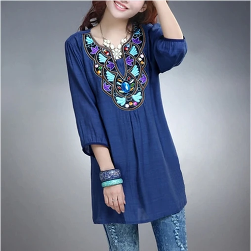 Blusa de lino bohemio bordada étnica para mujer túnica Chic Top camisas Gypsy L XL XXL shirt|top tops - AliExpress