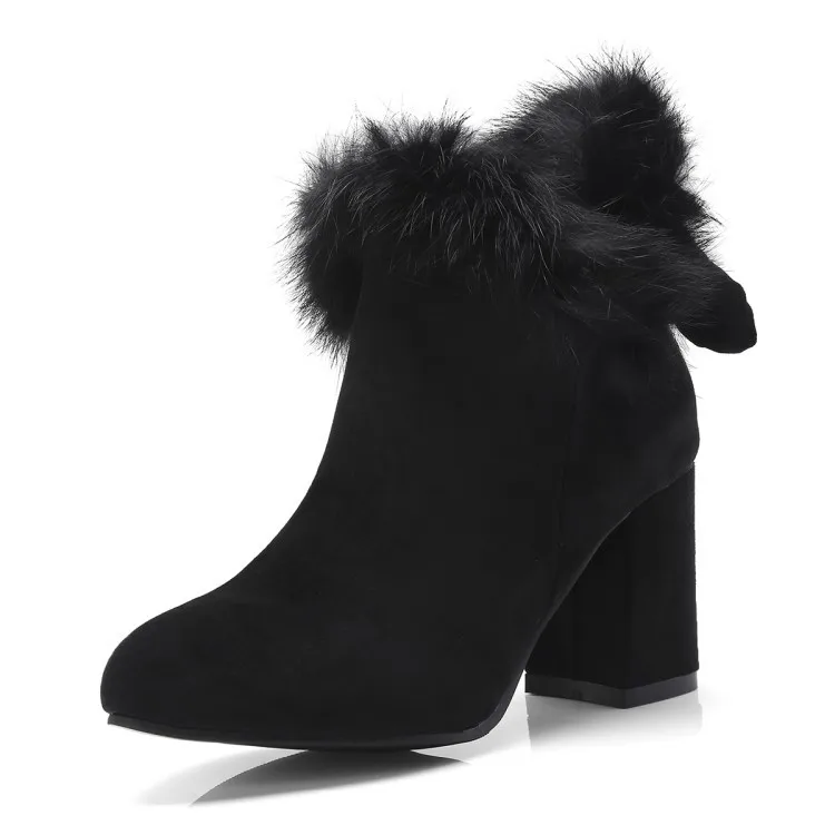 Womens Pointed Toe Booties Shoes Korean Bow Thick High Heel Large Size Fashion Ankle Boots Black Khaki Grey19