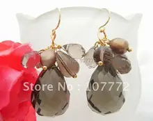 Pearl & Smoky Quartz pendiente-925 plateado de oro gancho libre + shippment