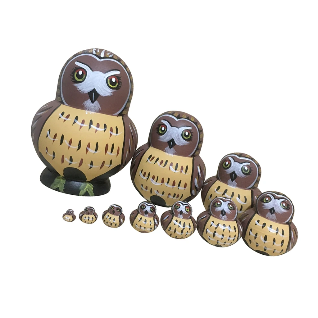 10 PCS Owl Handmade Wooden Russian Nesting Dolls Matryoshka For Kids Toy
