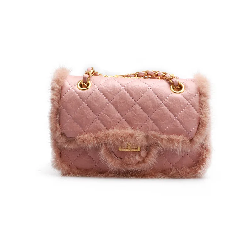 

2018 autumn and winter fashion texture mink shoulder shoulder messenger bag Lingge chain bag