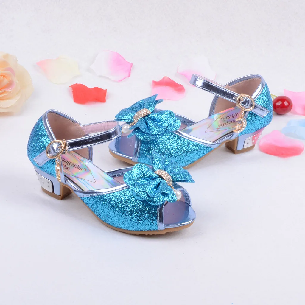 Принцесса Девушки Вечерние обувь детские сандалии красочные блестки обувь на высоком каблуке Девушки Сандалии открытый носок Летняя детская обувь