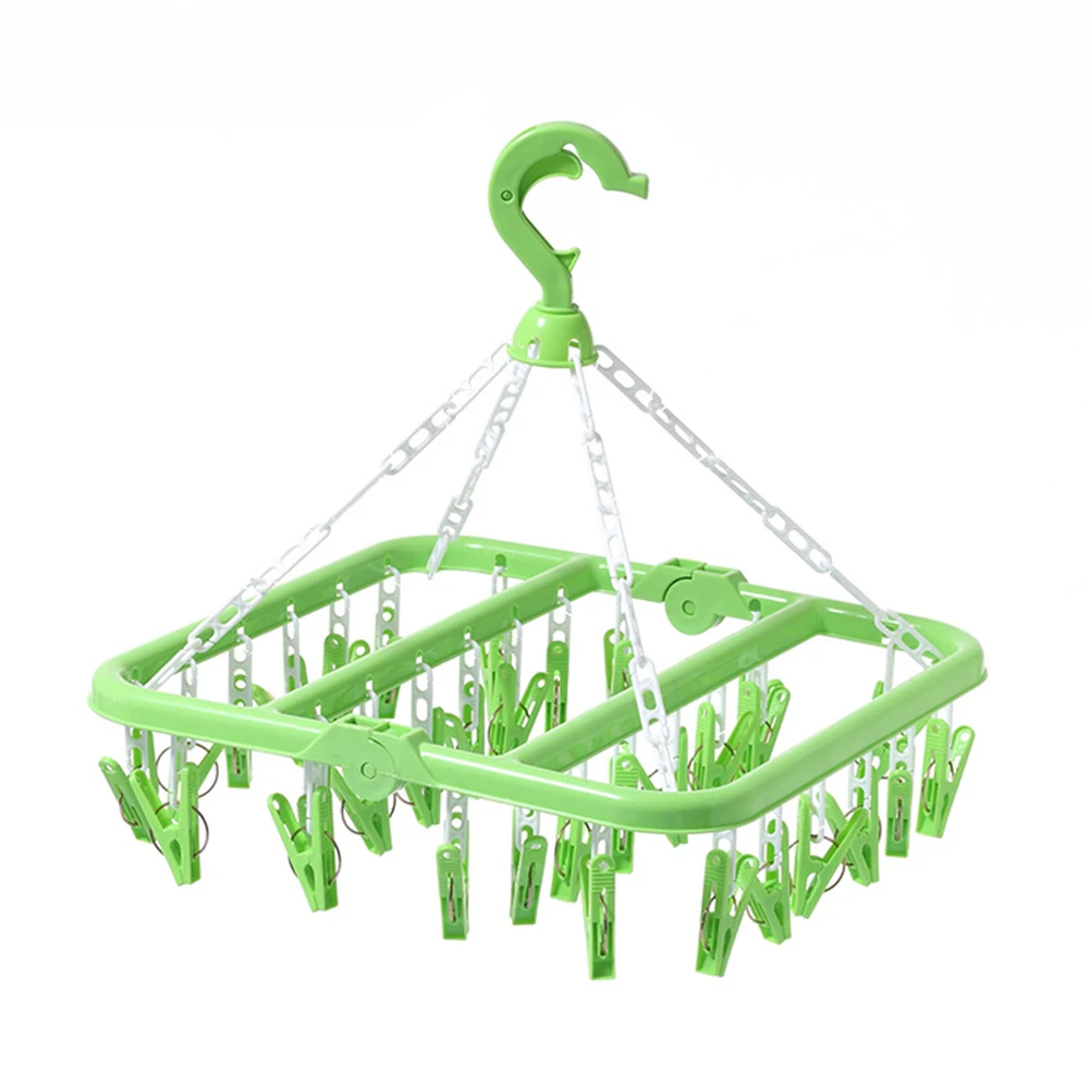 32 Clips Underwear Folding Hanger Plastic Sock Clothe Clip Airer Dryer Rack Clothes Hanger Fold Plastic Drying Rack - Цвет: Зеленый