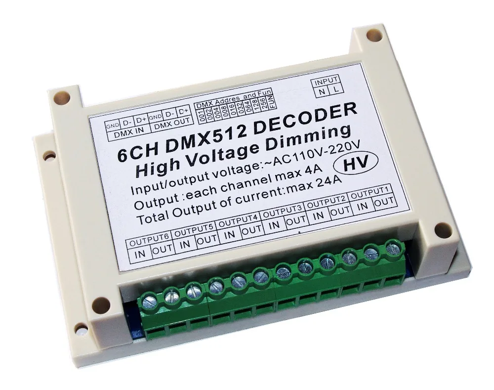 AC110V-220 V высоковольтный диммер 6CH DMX512 декодер 6 каналов DMX 4A/CH HV led декодер диммер для led сценический светильник