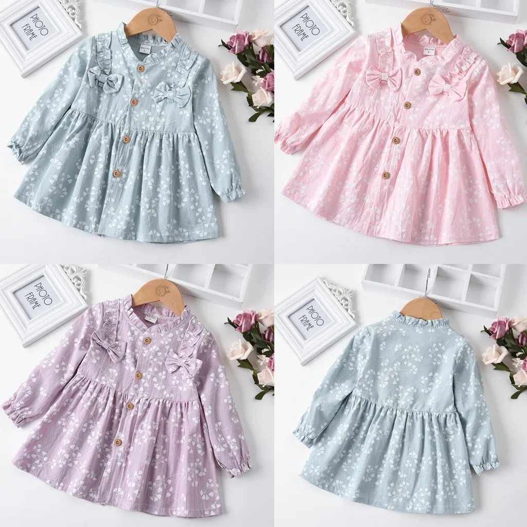 Trendy Toddler Baby Girls Floral Ruched Floral Dressed Casual Yellow Long Sleeve Girl Clothes Costumes Roupas Infantis