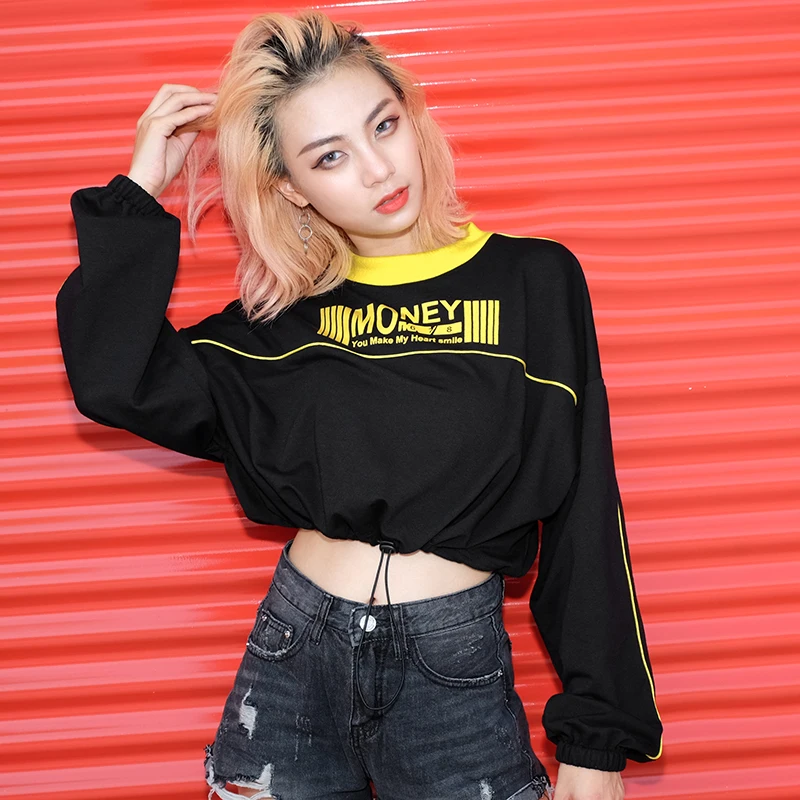 Darlingaga streetwear fashion short sweatshirt women letter print drawstring waist autumn winter cropped sweatshirts hoodie 2018 Hoodies