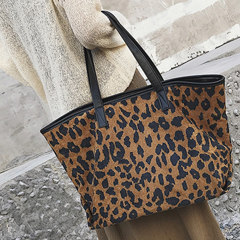 

2018 Women Leopard Casual Tote Bags 2018 Vintage Corduroy Shopping Bag Famous Brand Shoulder Bag Large Capacity Handbags Hot