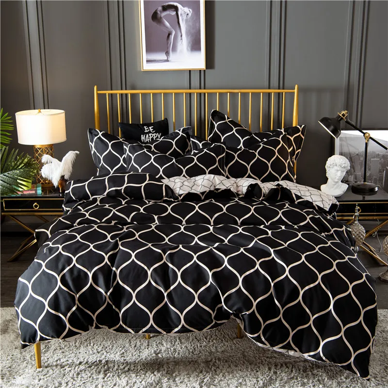 

Fashion Black Geometric Printing Bedding Set Skin-friendly Duvet Cover Pillowcase Set AB Side Kids Bedding