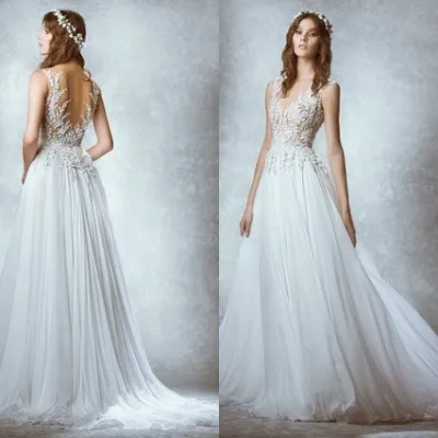 

2019 New vestido de novia Elegant A Line Wedding Dresses Chiffon V neck Backless Beaded Romantic Summer robe de mariage C46