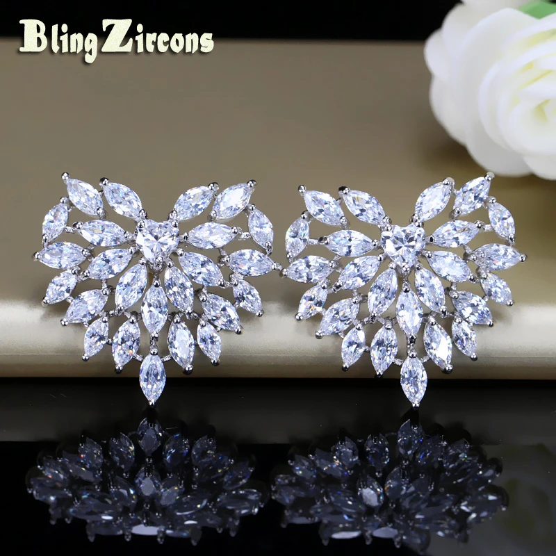 

BlingZircons Lovely Heart Shape Cubic Zirconia Crystal Big Stud Earrings Women Fashion Jewelry Gift With CZ Marquise Stone E096
