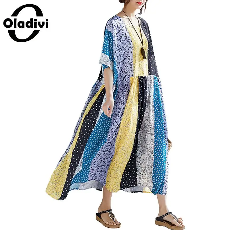 

Oladivi Summer Plus Size Fashion Print Women Cotton Linen Dress Casual Loose Maxi Long Bohemian Dresses Female Vestidos 6XL 5XL