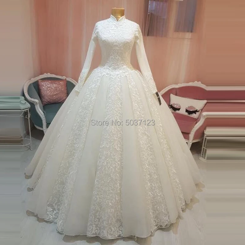 Muslim Wedding Dresses High Neck Arab Ball Gown Lace Appliques ...