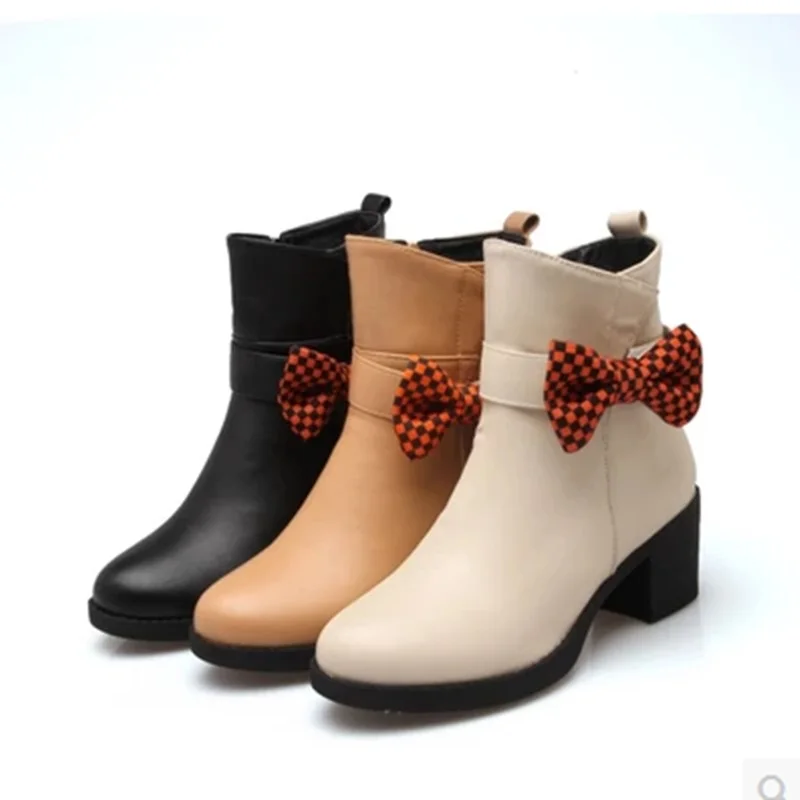

Lady's Bow Zipper Mid-Calf Boots Wedges Heel Winter Short Plush Rinding Booty Plus size 34-43 Round toe High Heel Winter Shoes
