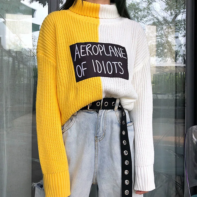 

Autumn women's 2018 new Korean version of the loose patchwork bf lazy wind sweater wild student hair casual High collar sweater