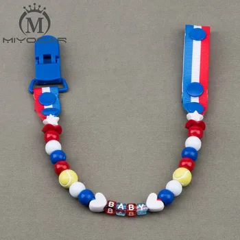 

MIYOCAR Personalised -Any name Hand made blue red white tennis beads dummy clip holder pacifier clips soother chain for baby
