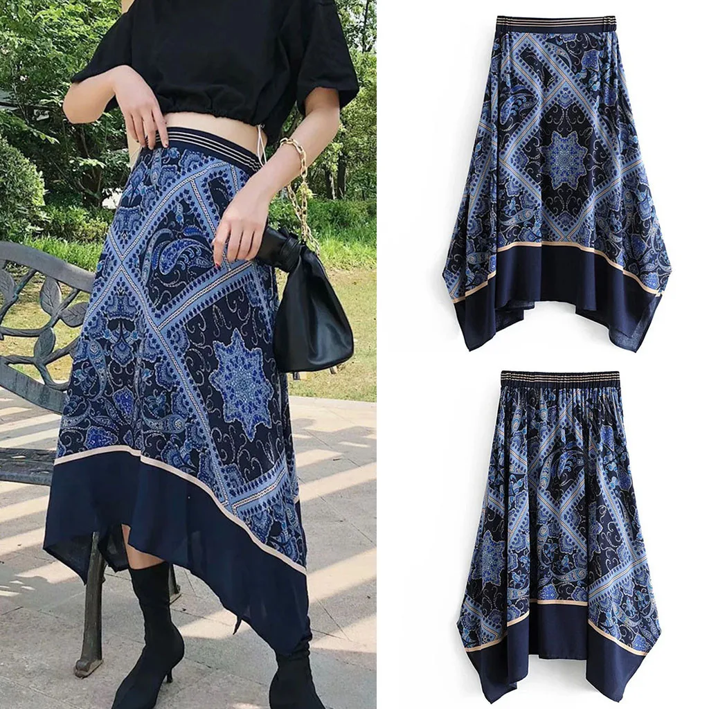 

Bohemian skirts women Fashion Irregular long skirt Print High Split Ruffles Maxi Skirt Ladies Beach Skirt faldas mujer moda 2019
