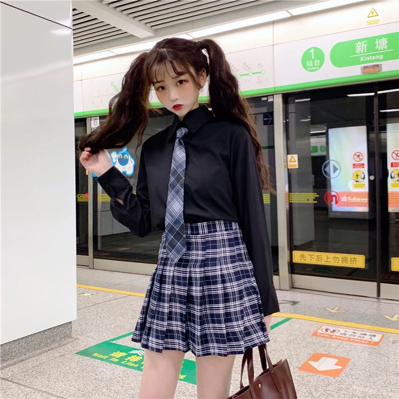 

Summer 2019 New Suit Korean College Style Tie Shirt + High Waist Lattice Pleated Skirt Sweet Cute Casual Two-piece Suit