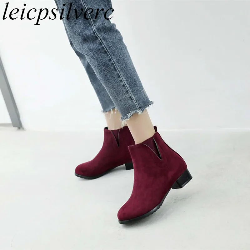 Women's Boots Autumn Winter Low Heel Warm Flock Round Toe Ankle Slip on