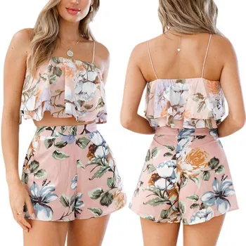 

2019 Summer Women's Sexy Fashion Print Women's Sling + Shorts Two-piece Casual Short Ladies 2pc Set