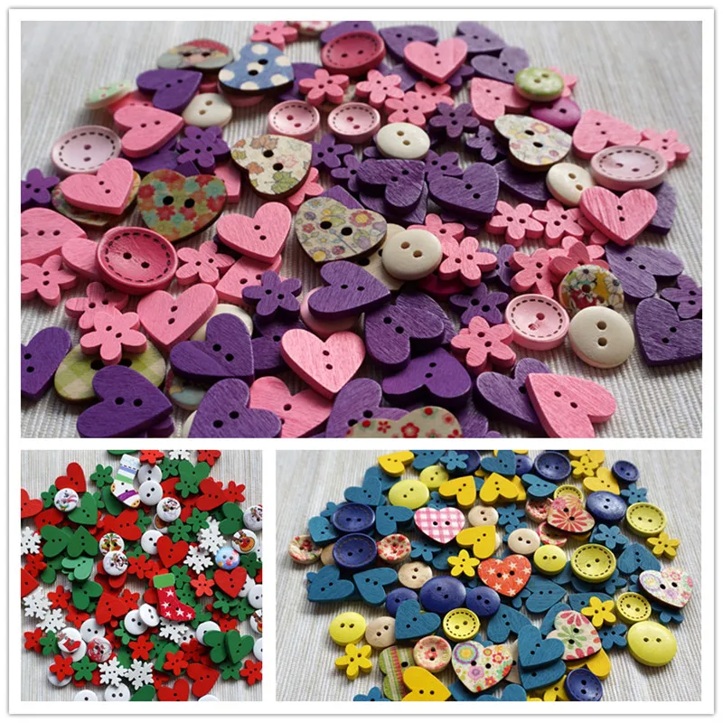 

100pcs Colorful Cartoon Mix 2 Holes Wood Buttons