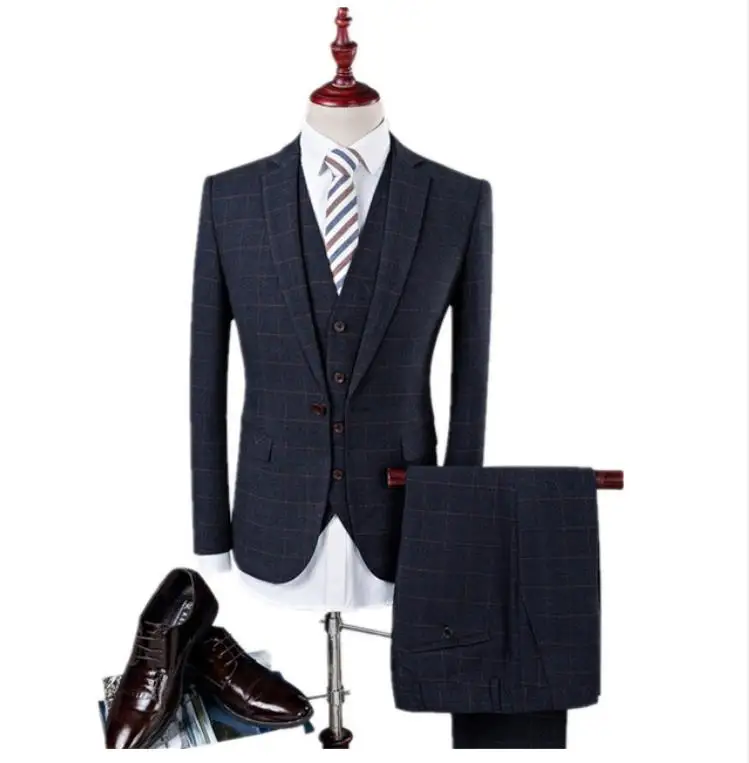 

(Jacket+Pant+Vest)Men's Grid Wool Suit Slim Fit Fashion Leisure Wedding Dress Suits Man Business Men Coat Blazers Tuxedo Costume