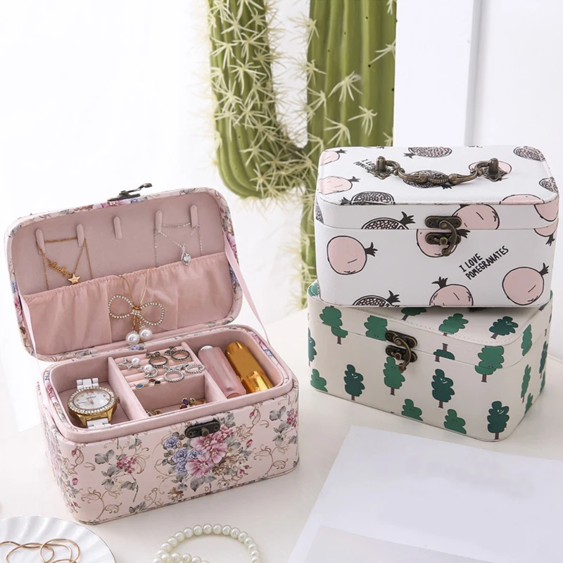 

PU Makeup Organizer Women Travel Jewelry Box Earrings Necklace Rings Bracelet Display Case Beauty Stud Collection Accessories