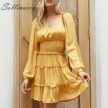 Sollinarry สูงเอว Twist ฤดูใบไม้ร่วงชุดฤดูหนาวผู้หญิงแขนยาว Ruffles สแควร์หญิง Vintage เซ็กซี่ Vestido(China)