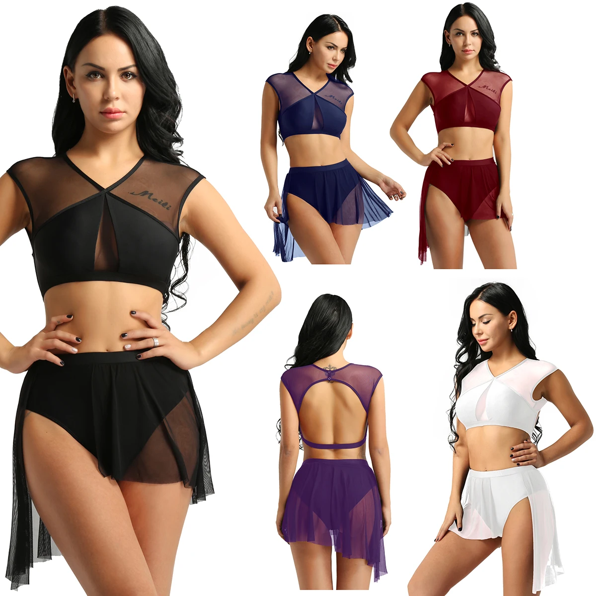 ChicTry Women Asymmetrical Ballet Tutu Dancewear Female Mesh Splice Crop Top with Leotard Skirt Stage Lyrical Dance Costumes Set ballet leotard,dance leotard,ballet dress,ballet skirts,girls dance costumes,tutu skirt