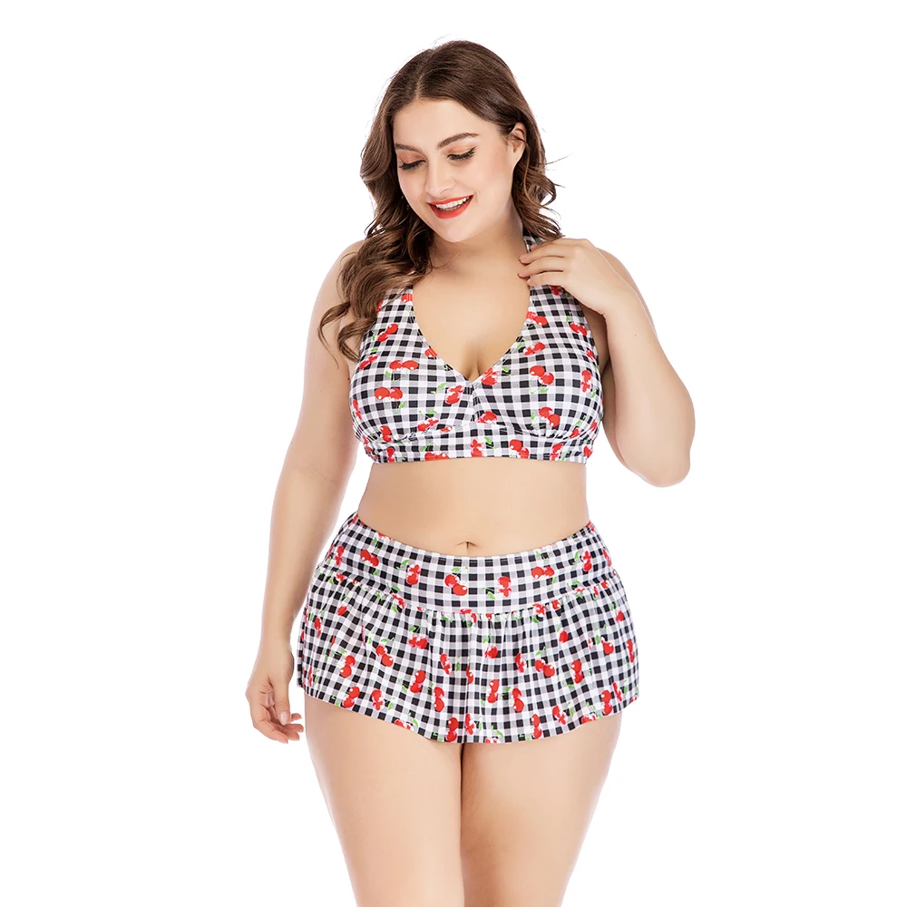 

New Push Up Print Plaid Bikini Set Mid Waist Halter Swimsuit Bathing Suits Plus Size Summer Vacation Beach Swimwear