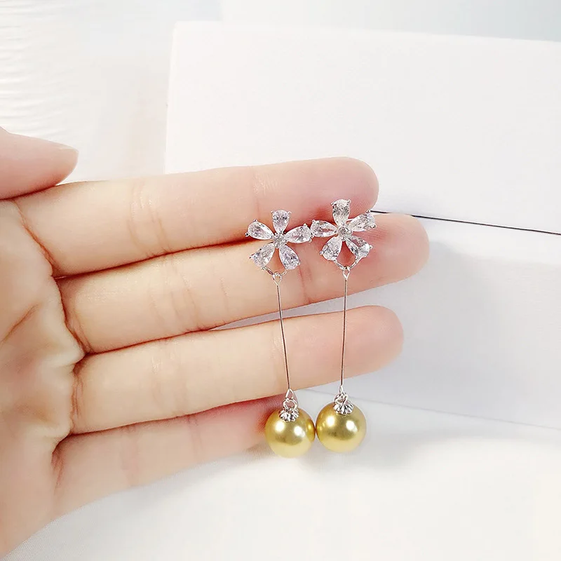 

fashion women 925 silver luxury cubic zircon gold pearl ball stud earrings long for bridal party wedding jewelry gifts 2019 new