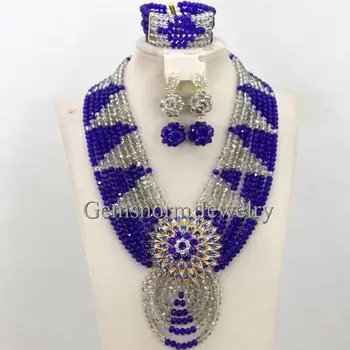 

Blue/Silver Crystal Indian Bridal Costume Jewelry Set Chunky Statement Necklace Set African Style Free Shipping WB496
